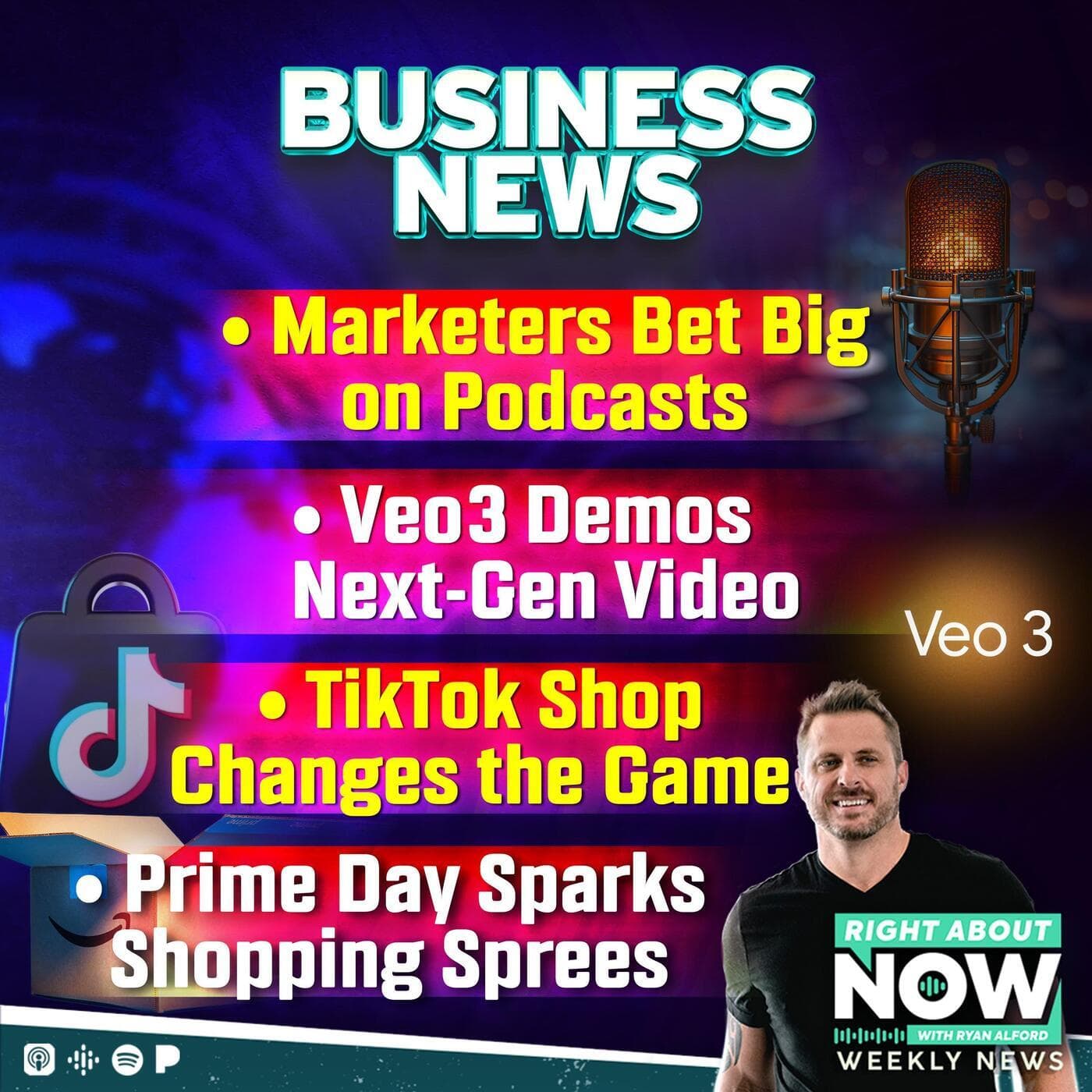 Business News: Marketers Bet Big on Podcasts, Veo 3 Demos Next‑Gen Video, TikTok Shop Changes the Game, Prime Day Sparks Shopping Sprees artwork