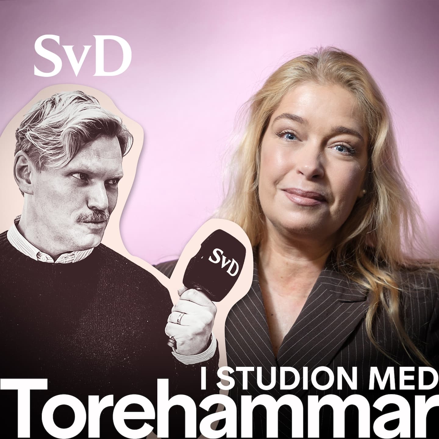 S-kvinnornas ordförande Annika Strandhäll i studion med Torehammar artwork