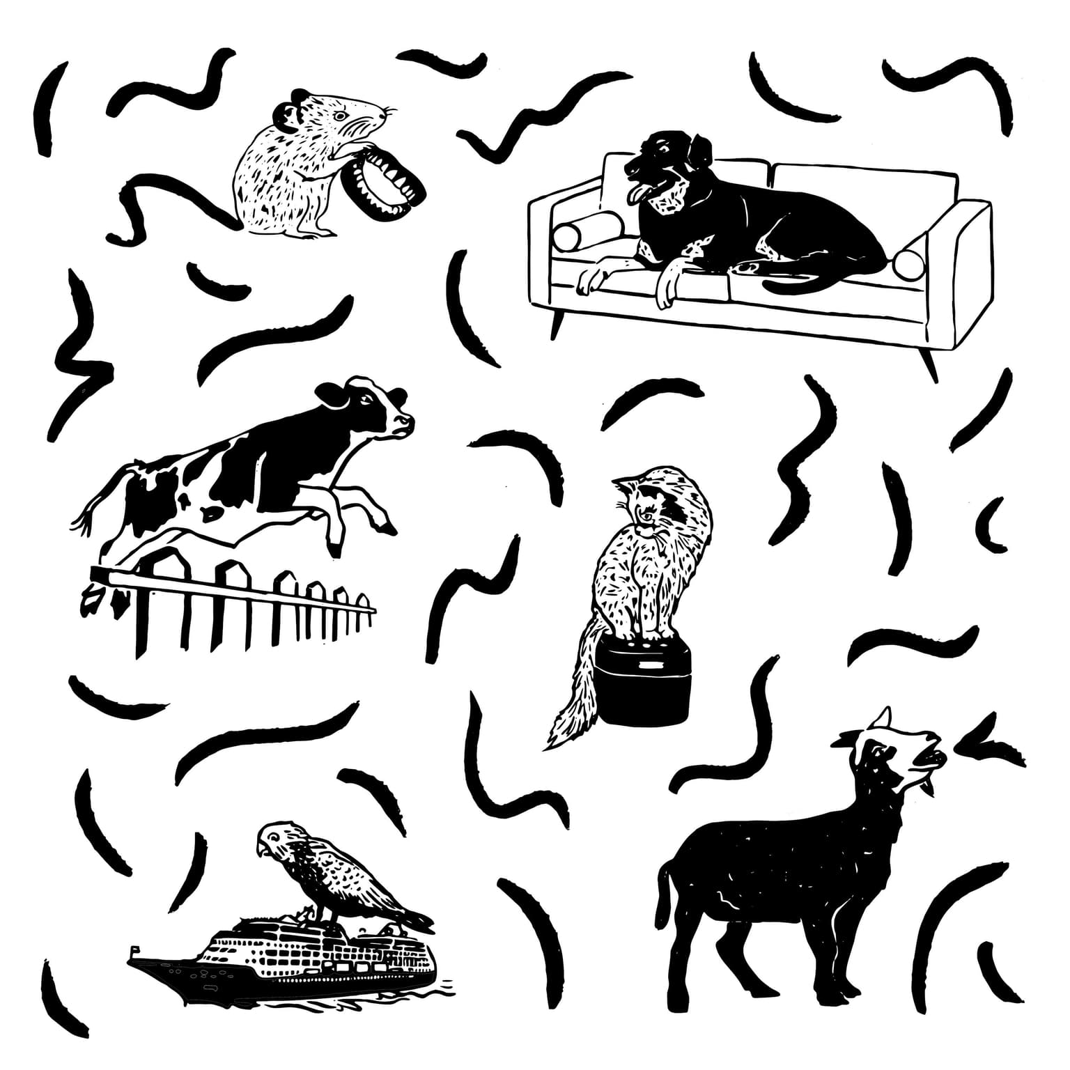 The Gargoyle Cat, the Taylor Swift Goat, and the Runaway Cow artwork