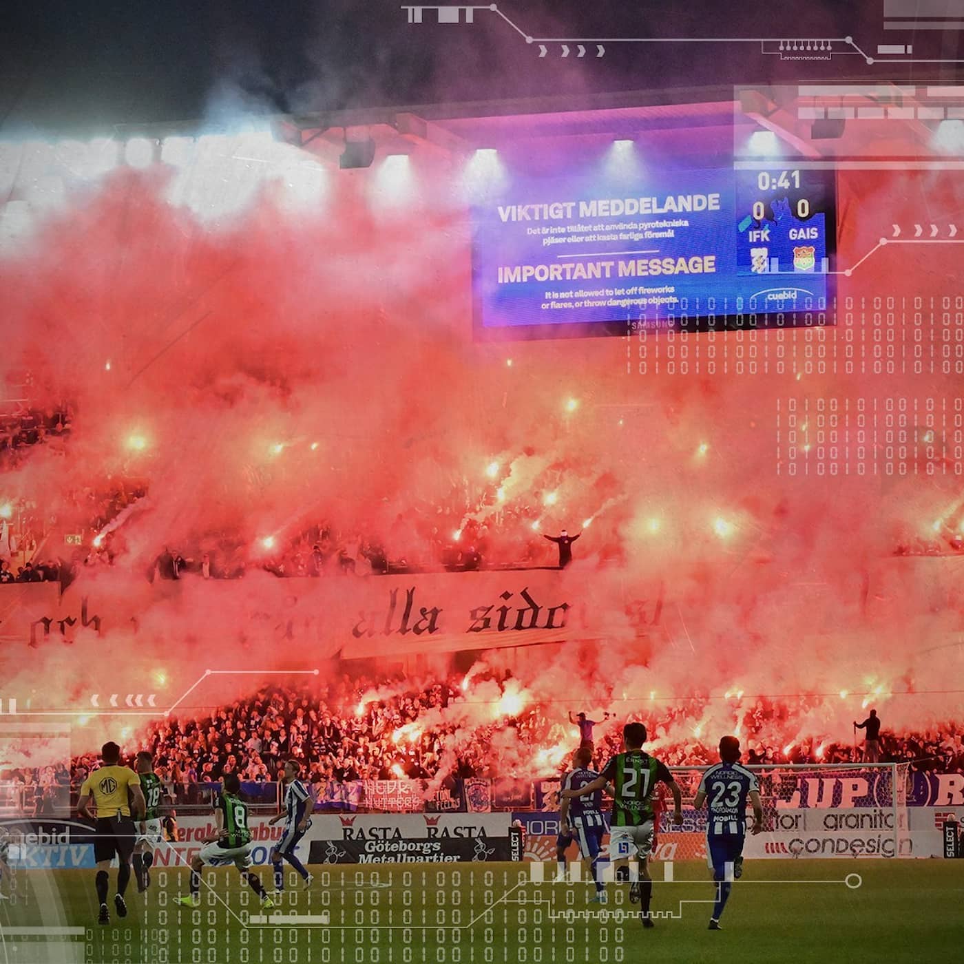 Fotbollen, supportrarna och pyrotekniken artwork