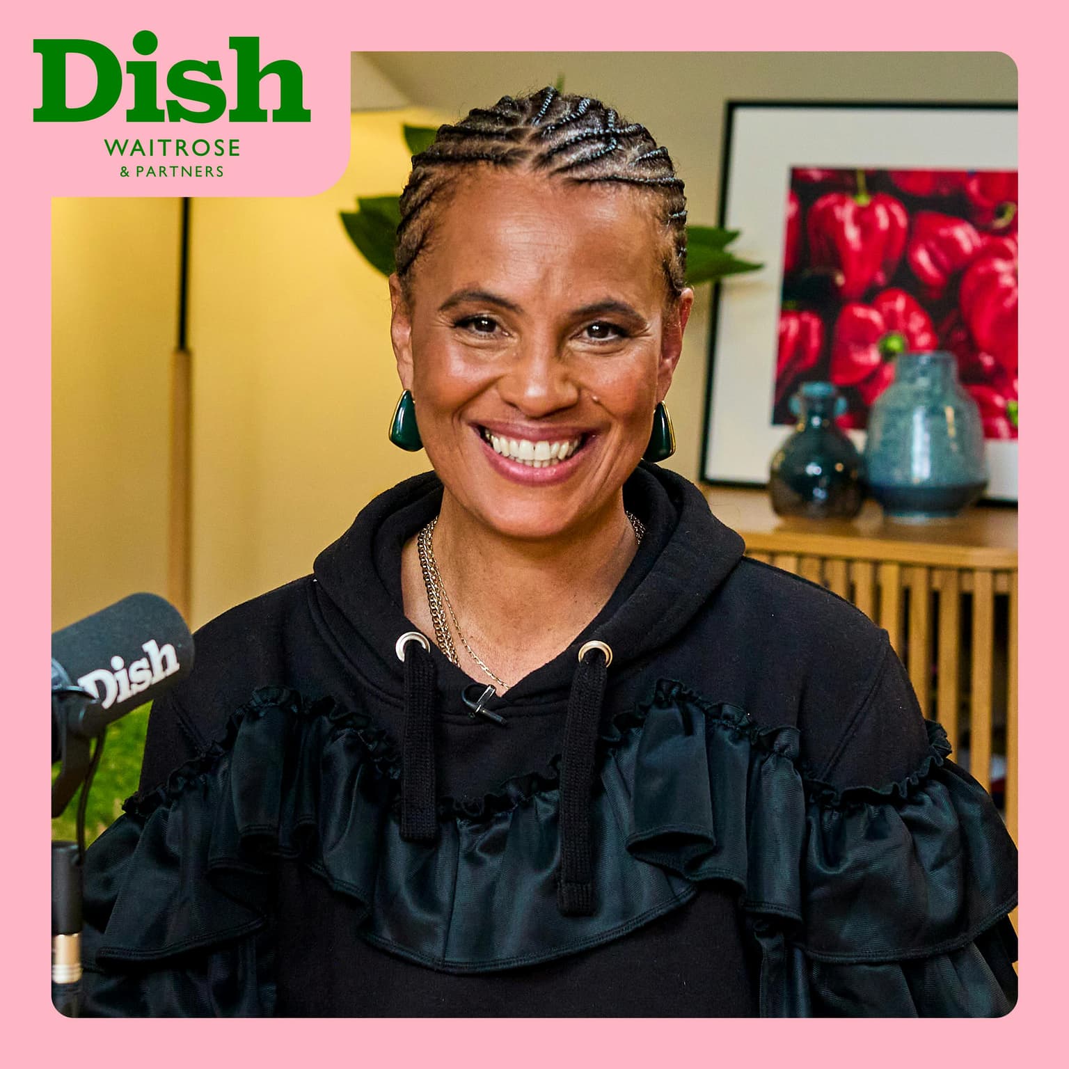 Neneh Cherry, tagliatelle with peas, courgette & burrata, and a Gavi artwork