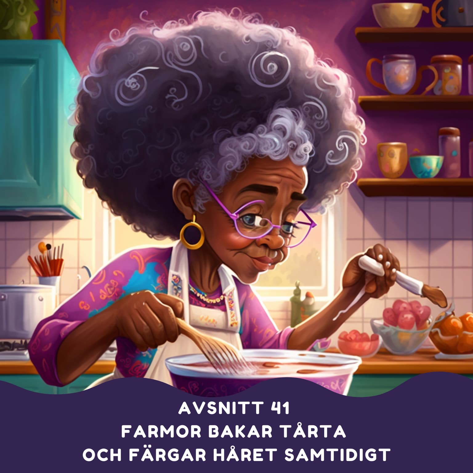 Farmor bakar tårta och färgar håret samtidigt artwork